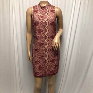 Lush Dress Womens Sz Large Burgundy Lace over Tan Sleeveless Sexy Bodycon Party